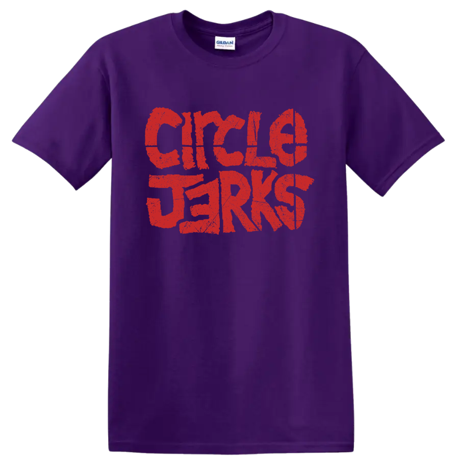 Distressed red Circle Jerks punk rock band lettering graphic on a Purple T Shirt