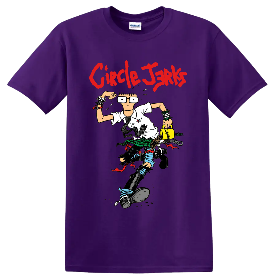Circle Jerks red lettering with cartoon punk character graphic on a Purple T Shirt