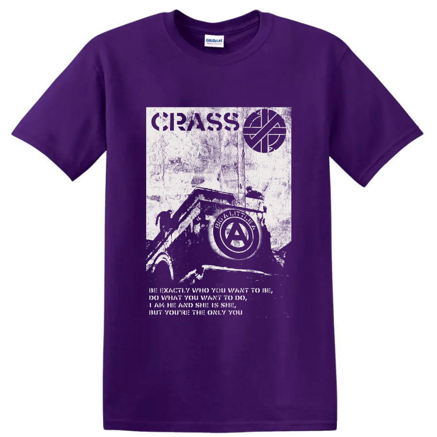 Crass punk rock anarchist collage graphic print on a Purple T Shirt