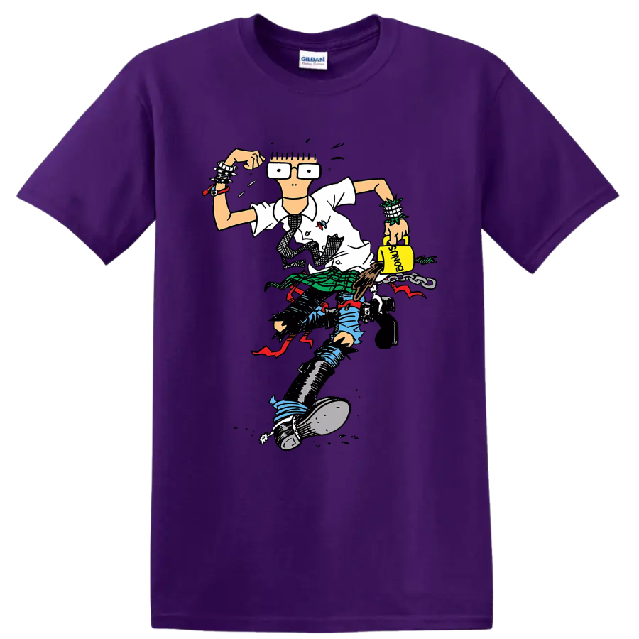 Descendents punk rock character illustration with oversized glasses and plaid details on a Purple T Shirt
