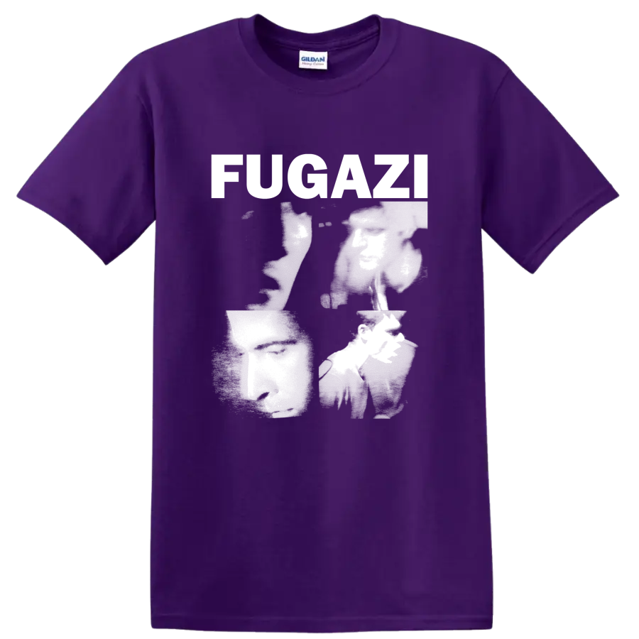 Fugazi distressed punk rock lettering graphic print on a Purple T Shirt
