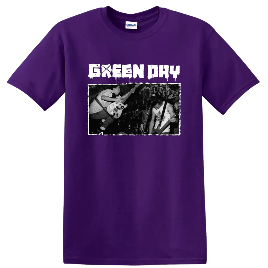 Green Day punk rock live performance graphic with guitarists on stage on a Purple T Shirt