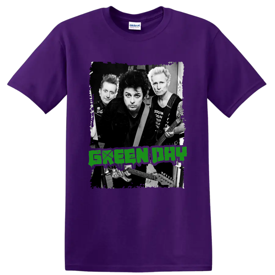 Green Day punk rock band portrait with guitars and distressed green lettering on a Purple T Shirt