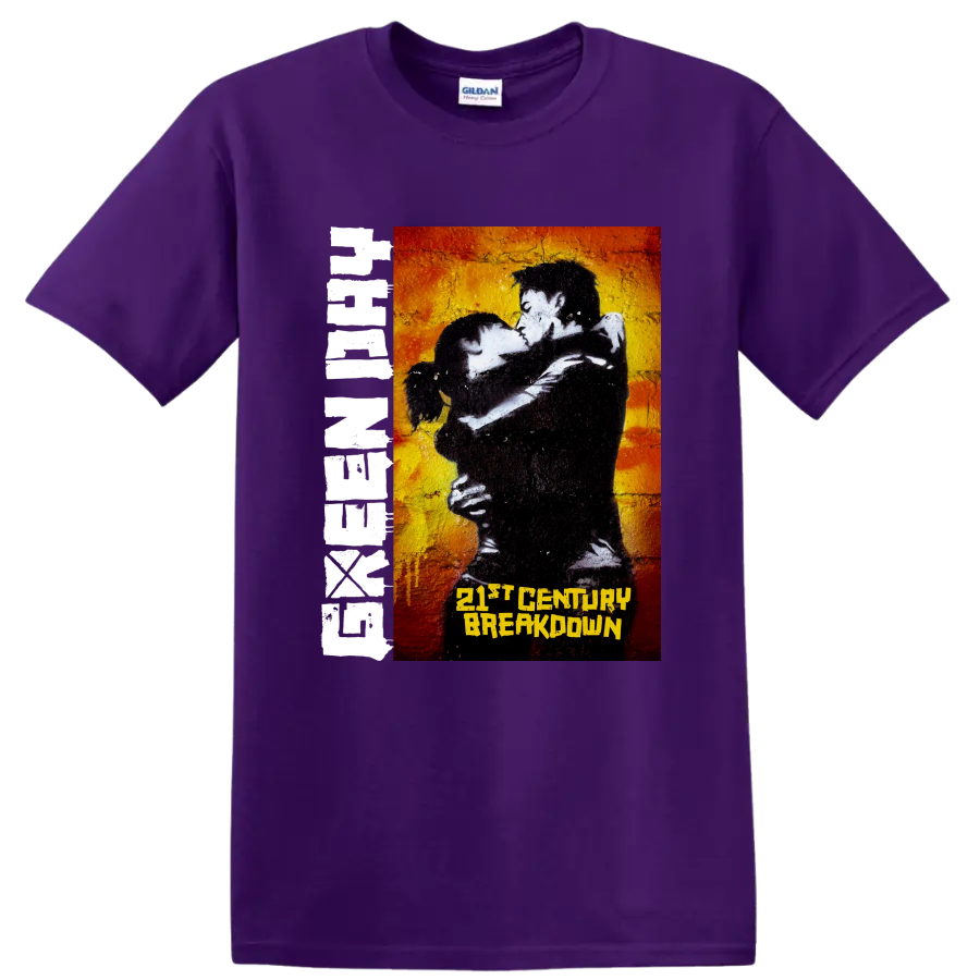 Green Day 21st Century Breakdown punk rock graphic with embracing couple on a Purple T Shirt