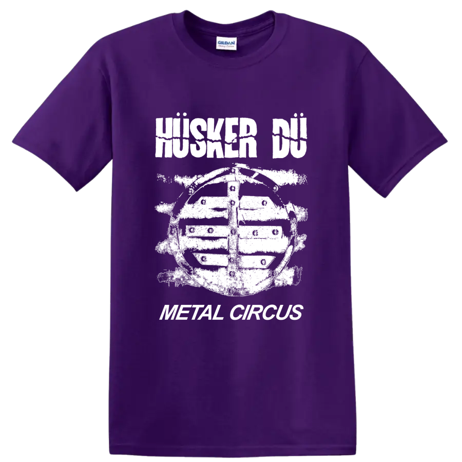Husker Du punk rock graphic with bold band lettering and illustrated figure on a Purple T Shirt