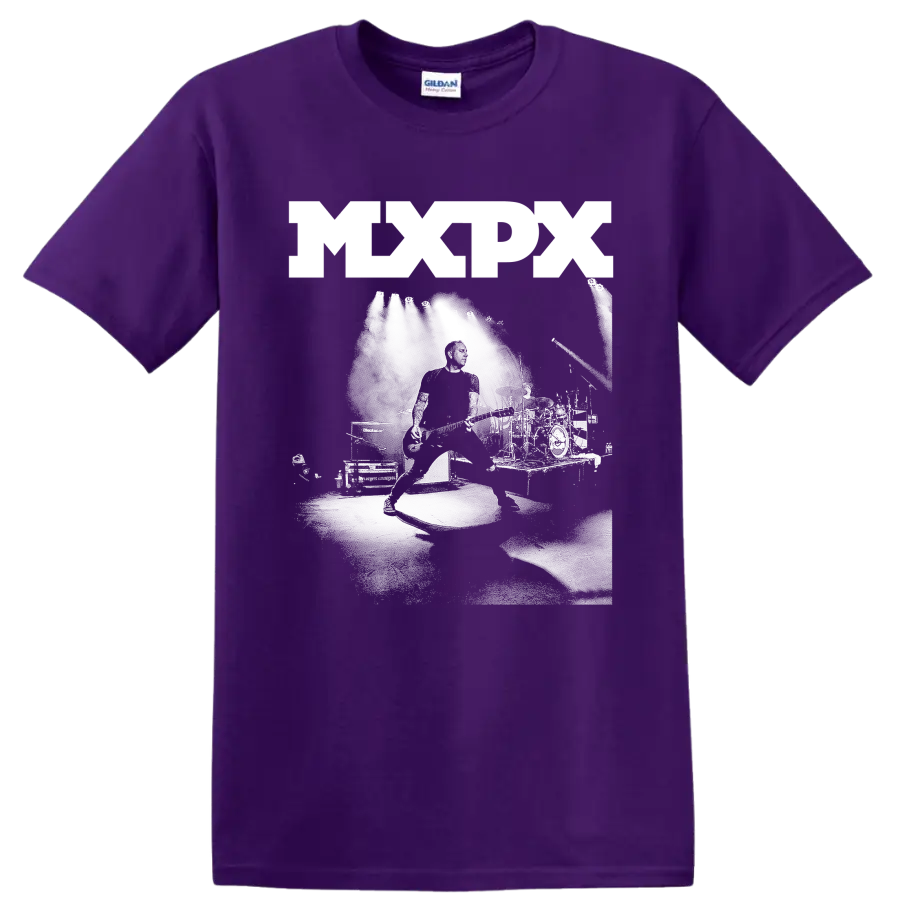MxPx punk rock graphic print with bold lettering and monochrome illustration on a Purple T Shirt