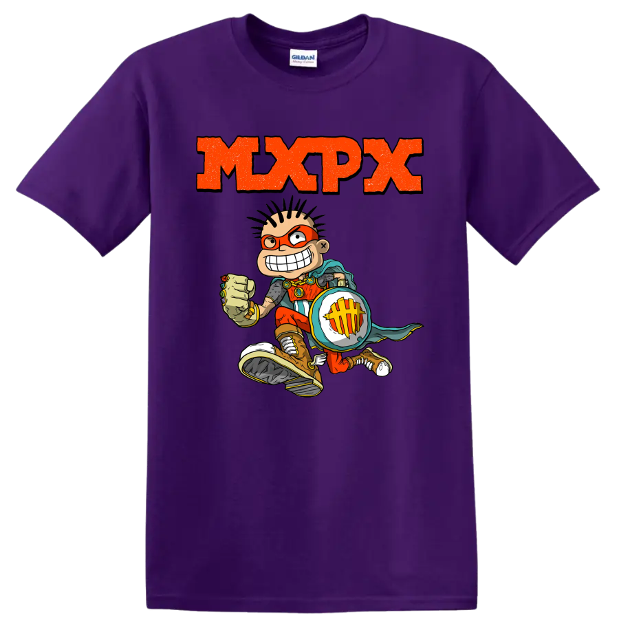 MxPx punk rock graphic with comic skateboarder and distressed orange lettering on a Purple T Shirt