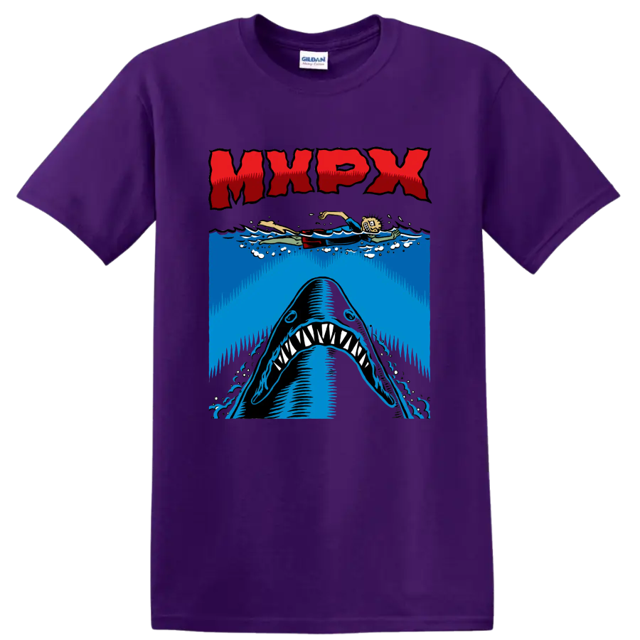 MxPx punk rock shark graphic with swimmer and ocean waves on a Purple T Shirt