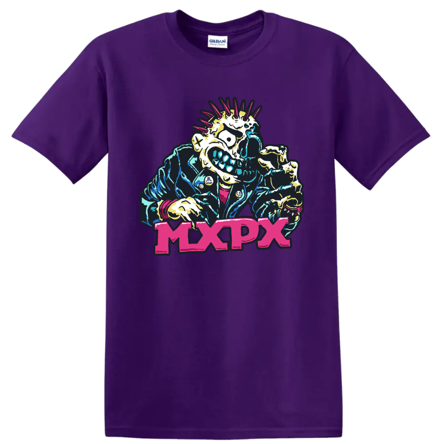 MxPx punk rock mohawked skeleton graphic with bold pink lettering on a Purple T Shirt