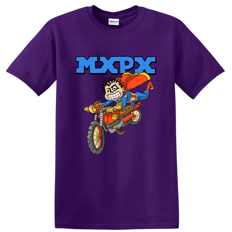 MxPx punk rock cartoon rider on dirt bike graphic on a Purple T Shirt