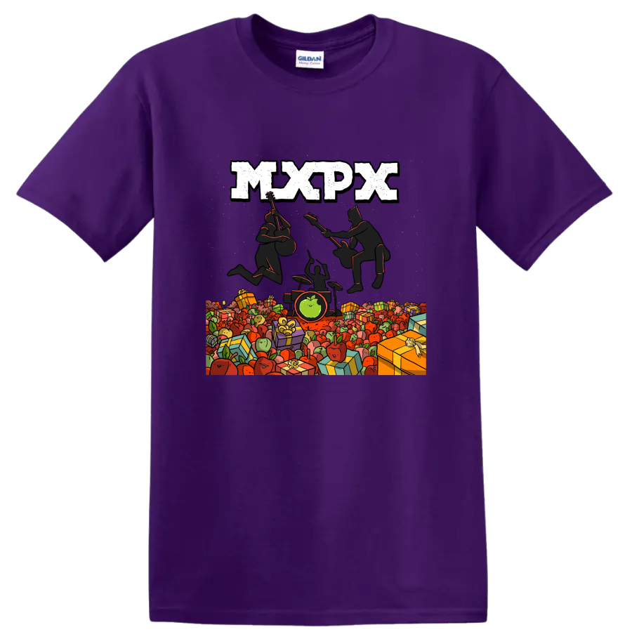 MxPx punk rock graphic with musicians, apples, and wrapped gifts on a Purple T Shirt
