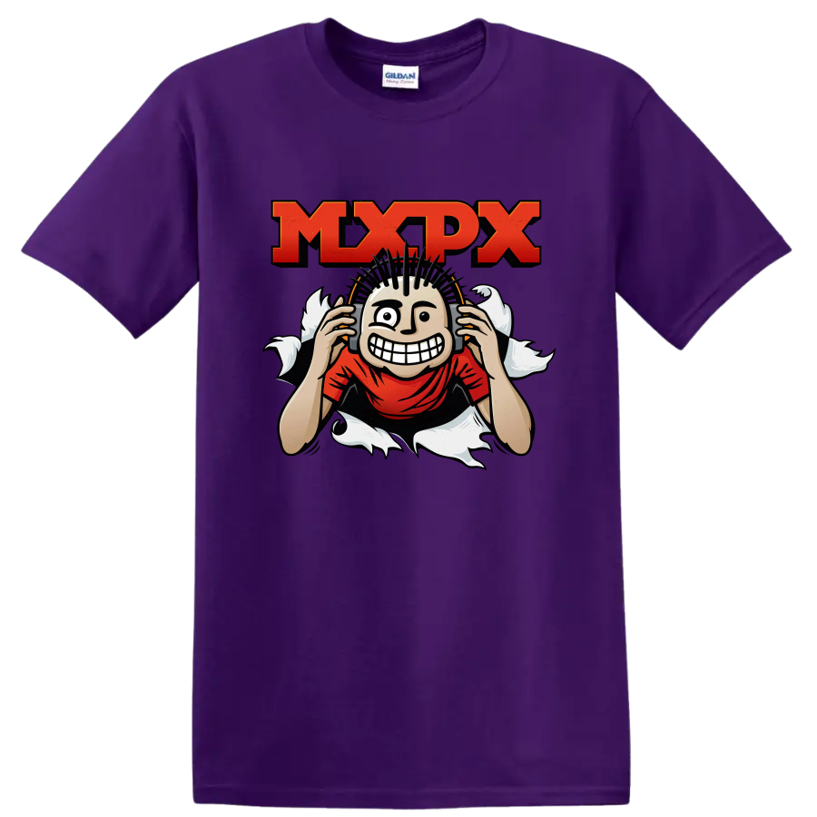 MxPx punk rock graphic with distressed lettering and grinning mohawk character on a Purple T Shirt
