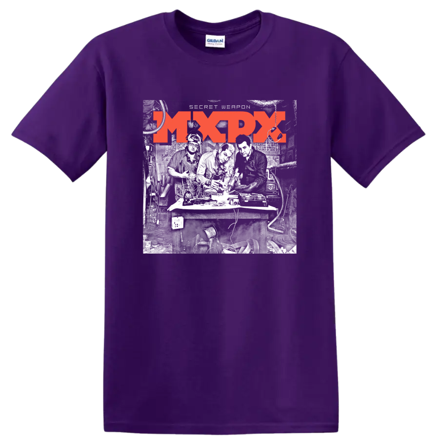 Distressed red MxPx punk rock band logo graphic on a Purple T Shirt