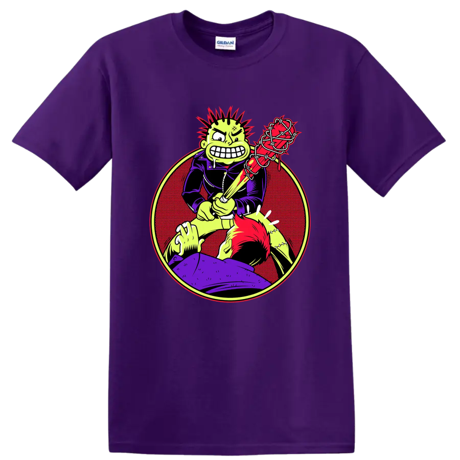 MxPx punk rock character with barbed wire bat graphic on a Purple T Shirt