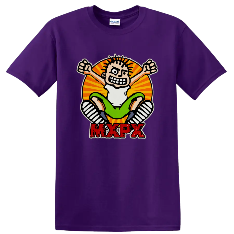 MxPx punk rock cartoon skateboard graphic with distressed red lettering on a Purple T Shirt