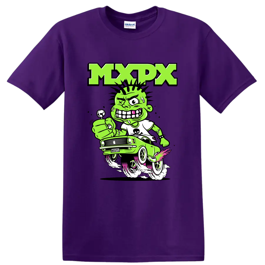 MxPx punk rock cartoon car graphic with green character on a Purple T Shirt