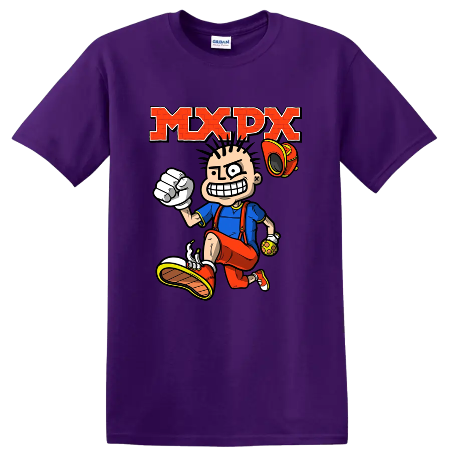 MxPx punk rock cartoon skateboarder graphic with bold red lettering on a Purple T Shirt