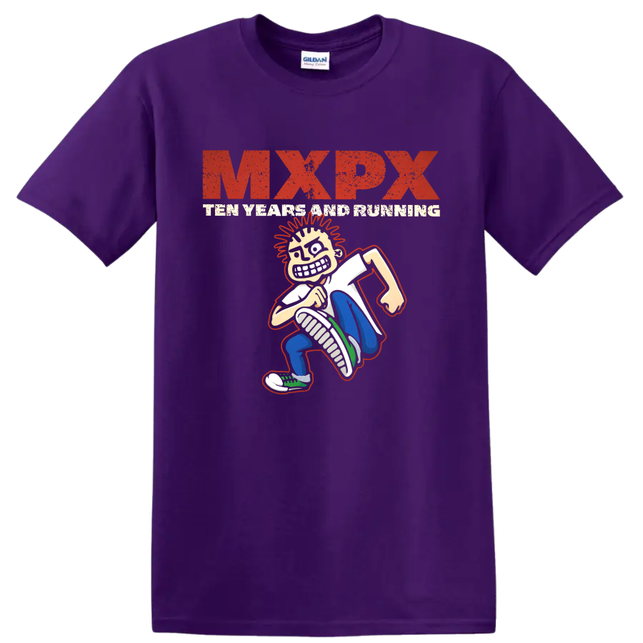 MxPx Teenage Politics distressed punk graphic with cartoon character on a Purple T Shirt