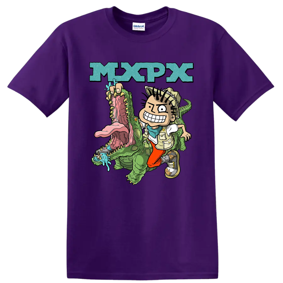 MxPx cartoon punk rock design with character riding a green crocodile on a Purple T Shirt