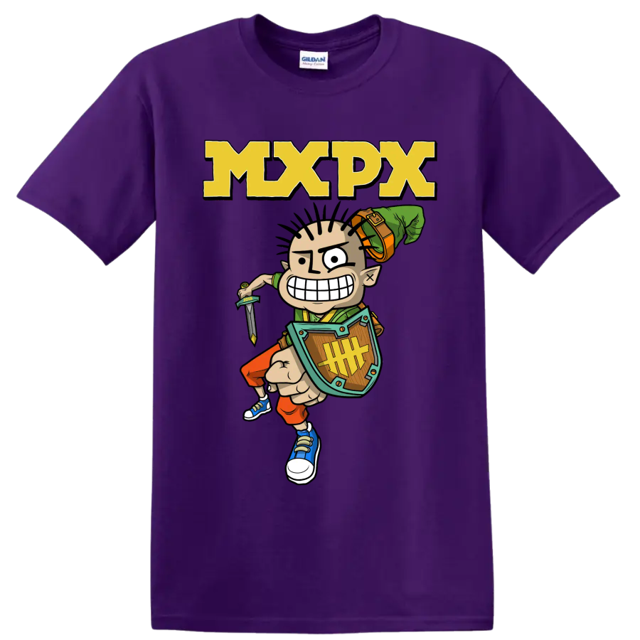 MxPx cartoon warrior punk rock graphic with bold MXPX lettering on a Purple T Shirt