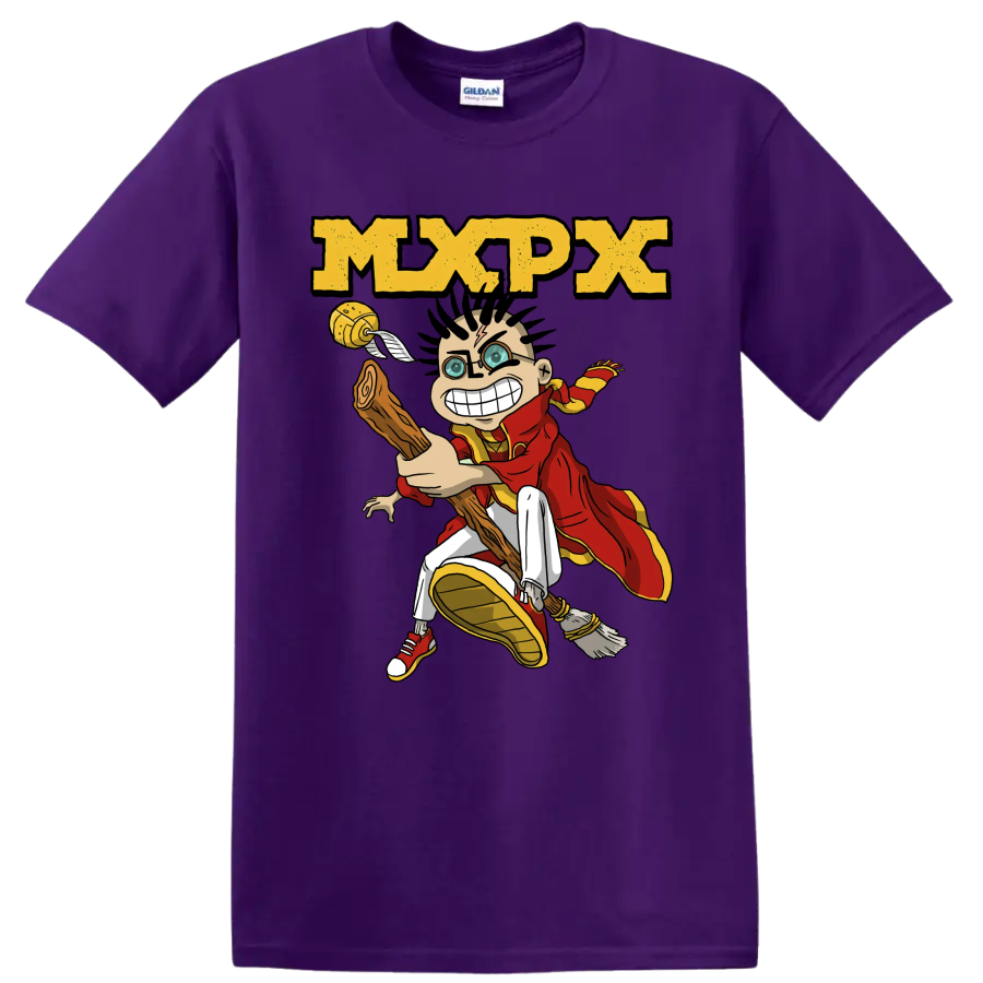 MxPx punk rock cartoon character graphic with distressed logo on a Purple T Shirt