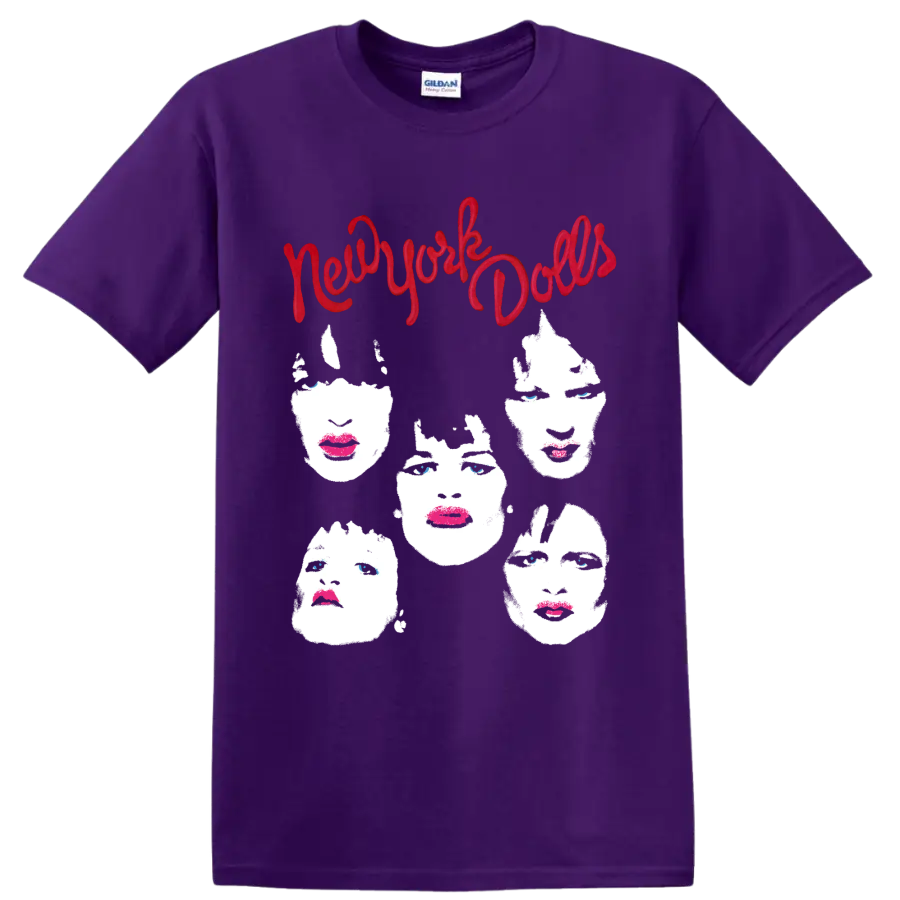 New York Dolls punk rock graphic with red script and five stylized faces on a Purple T Shirt