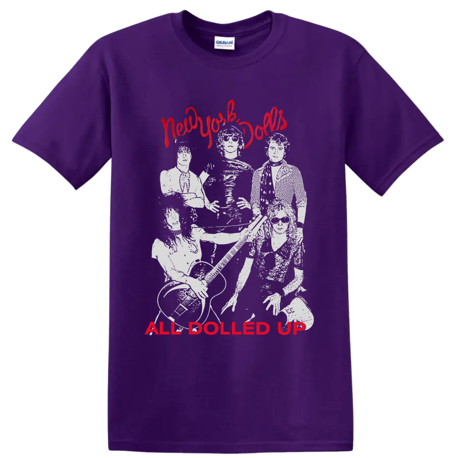 New York Dolls punk rock band portrait with All Dolled Up text on a Purple T Shirt