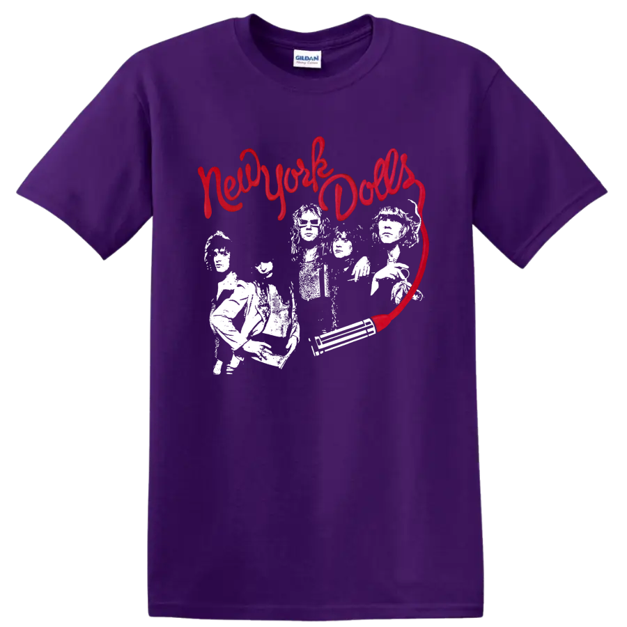 New York Dolls punk rock graphic with red script and white performers on a Purple T Shirt
