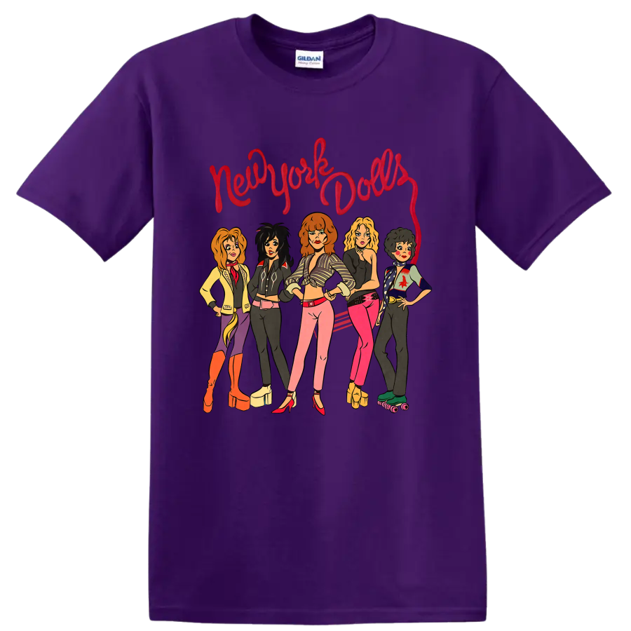 New York Dolls illustrated punk rock band graphic with red script lettering on a Purple T Shirt