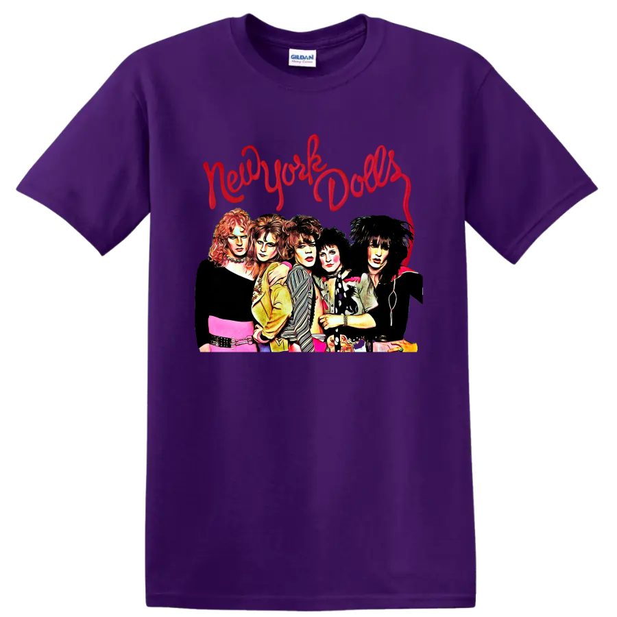 New York Dolls punk rock group portrait with red script lettering on a Purple T Shirt
