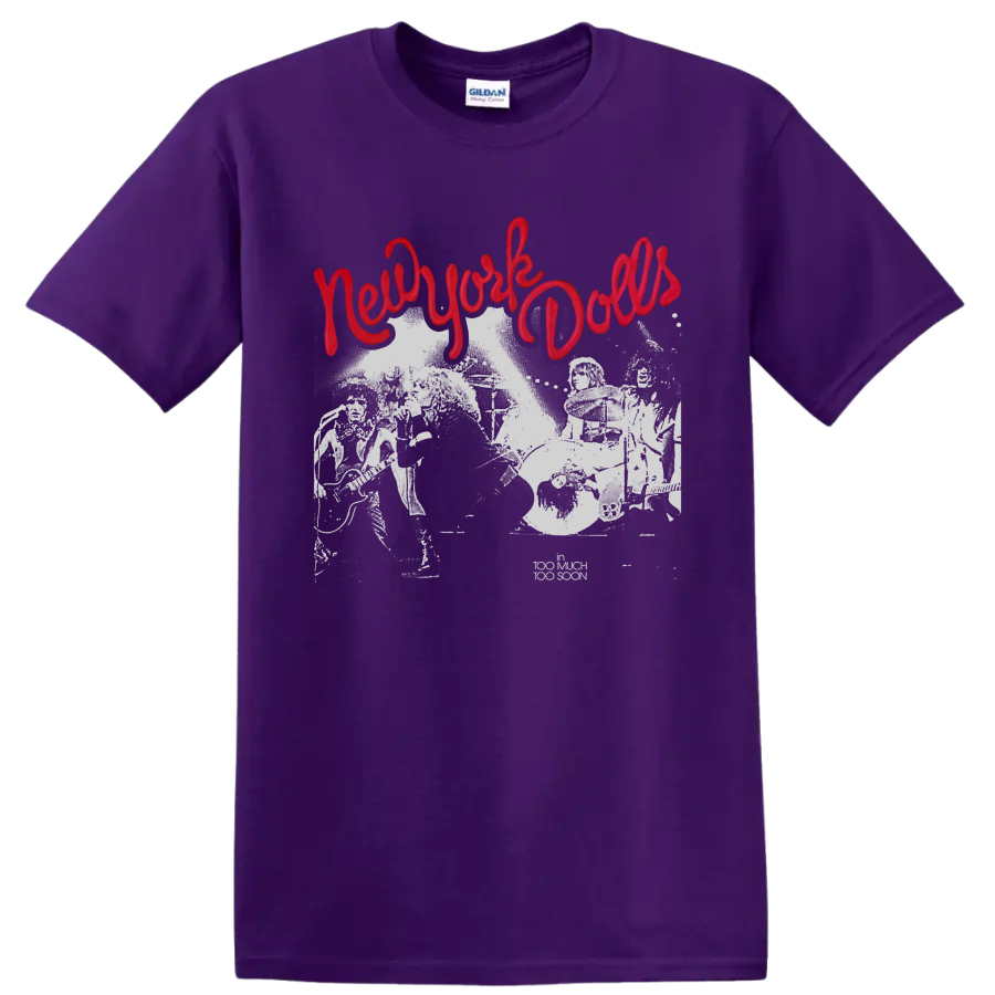 New York Dolls distressed punk rock graphic with red script lettering on a Purple T Shirt