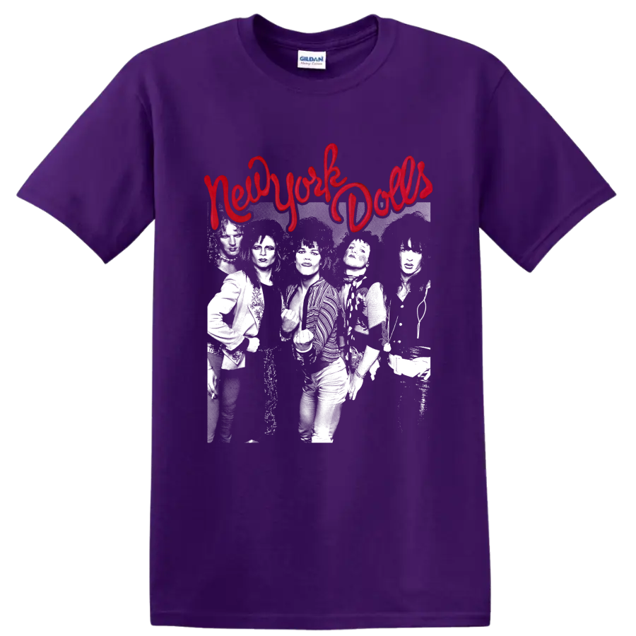 New York Dolls punk rock graphic with red script and band photo on a Purple T Shirt