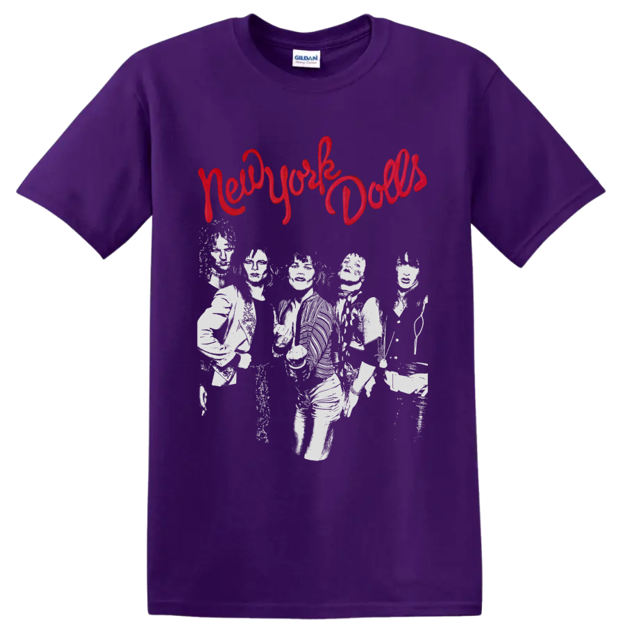 New York Dolls distressed punk rock band graphic with red script lettering on a Purple T Shirt