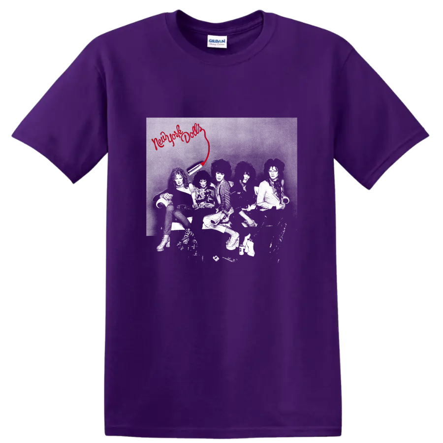 New York Dolls punk rock graphic with red script and band photo on a Purple T Shirt