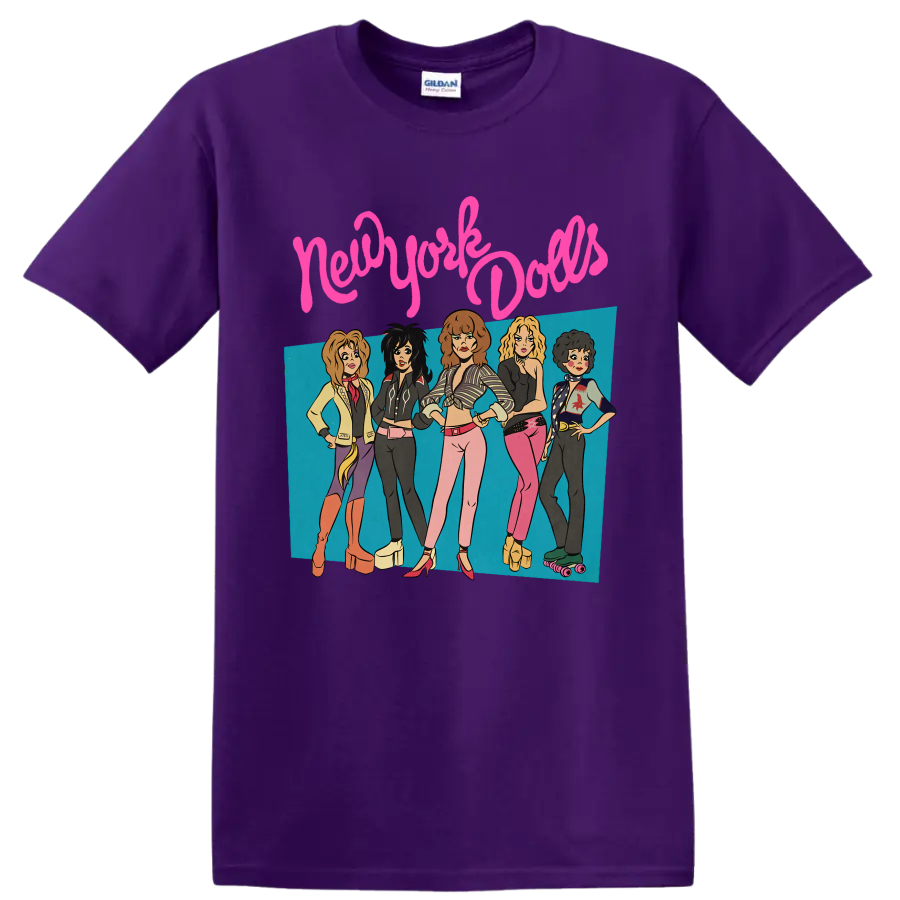 New York Dolls punk rock band graphic with five performers and pink lettering on a Purple T Shirt