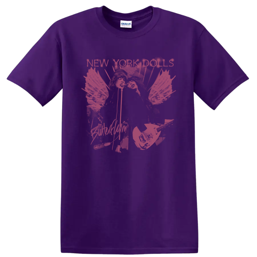 New York Dolls distressed punk rock graphic with illustrated figures and guitars on a Purple T Shirt