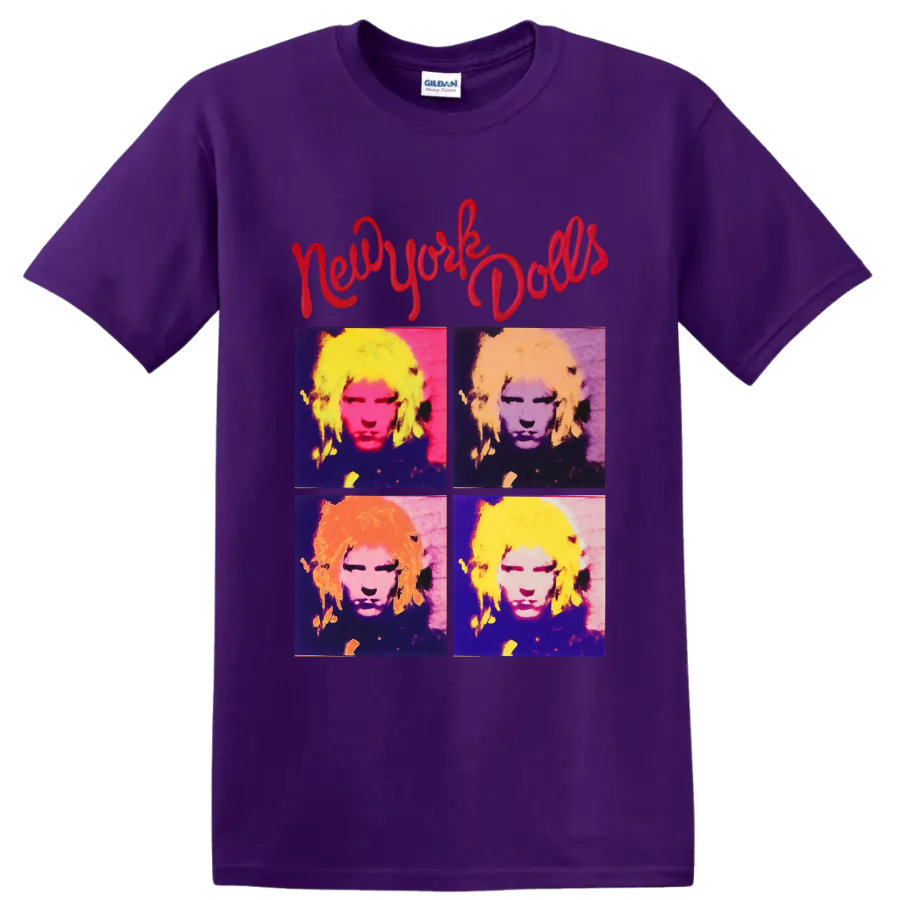New York Dolls four-panel pop art portrait with red script lettering on a Purple T Shirt