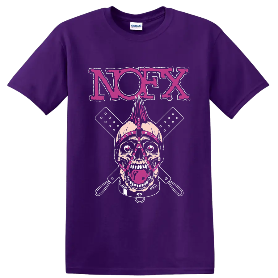 NOFX punk rock skull graphic with magenta lettering and crossed elements on a Purple T Shirt