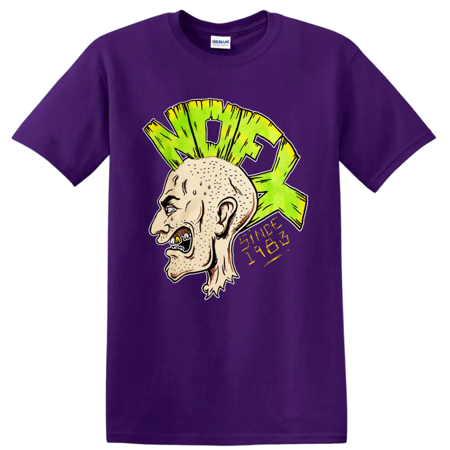 NOFX punk rock illustrated head with bright green mohawk and yellow lettering on a Purple T Shirt