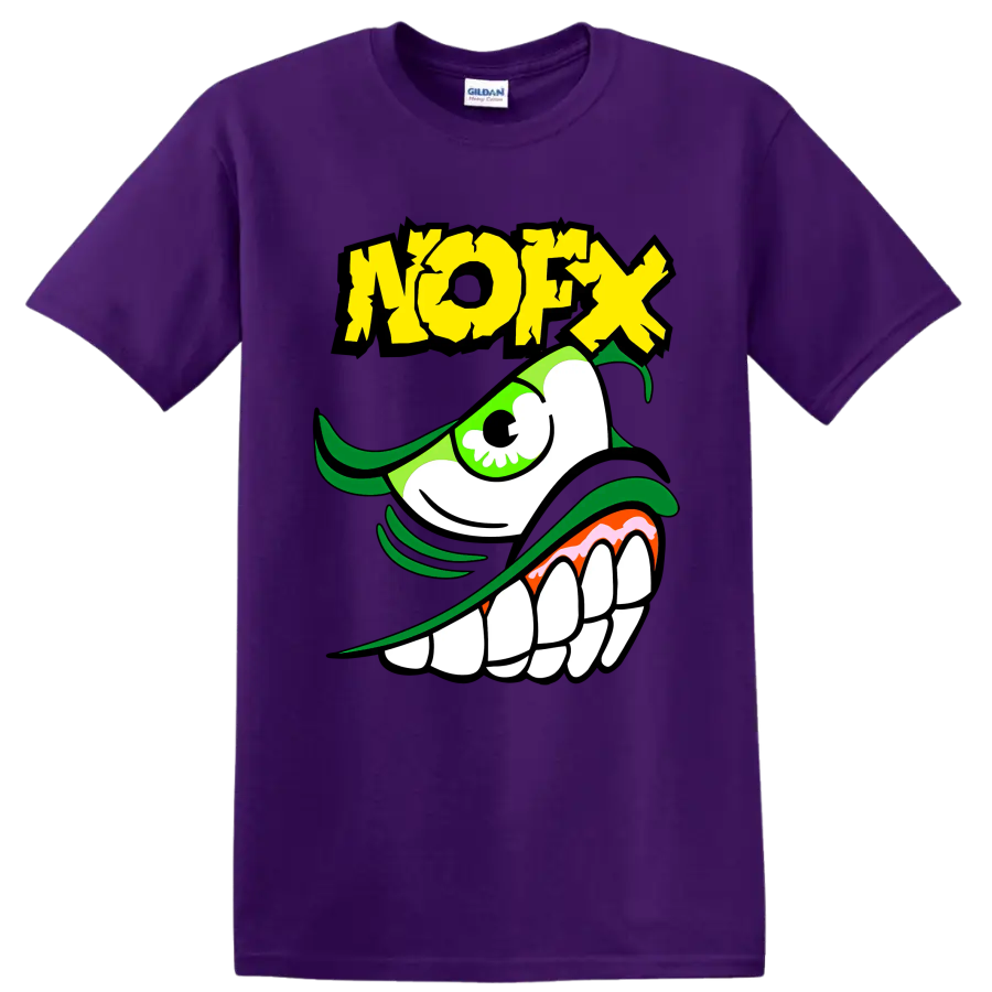 NOFX green monster punk rock graphic with distressed yellow lettering on a Purple T Shirt