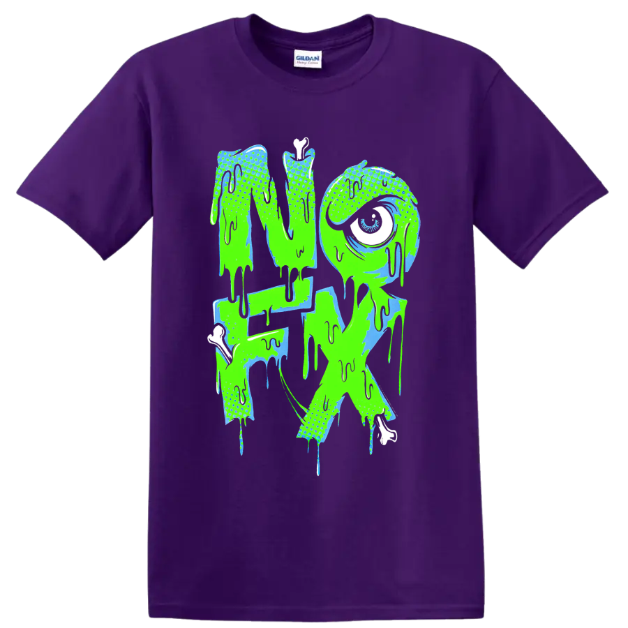 NOFX dripping punk rock band logo in neon green and blue on a Purple T Shirt