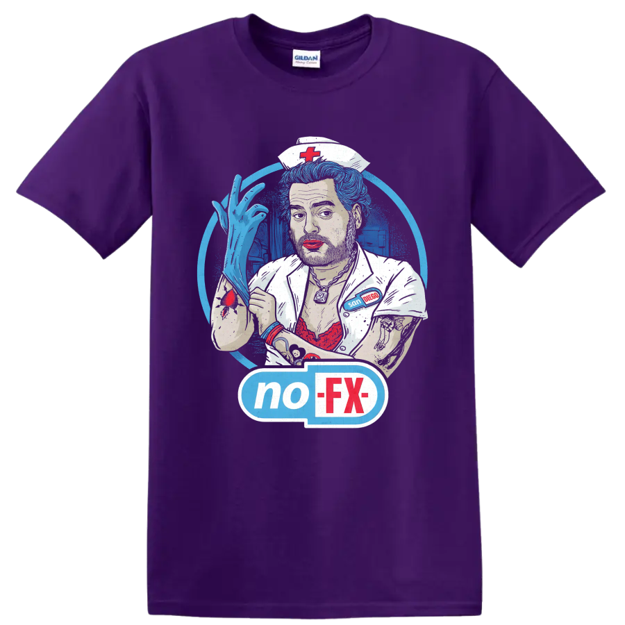 NOFX punk rock nurse illustration with blue hair and no-FX graphic on a Purple T Shirt