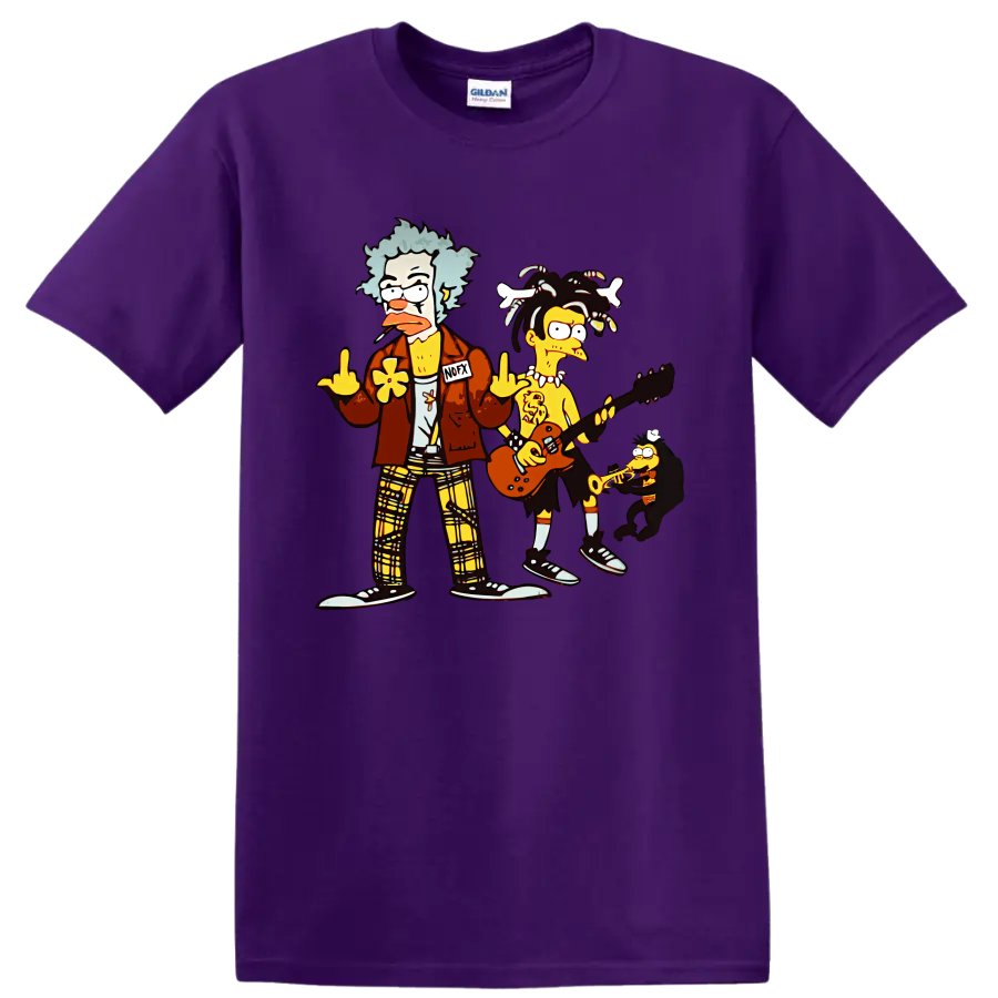 NOFX cartoon punk rock band with guitar and saxophone graphic on a Purple T Shirt