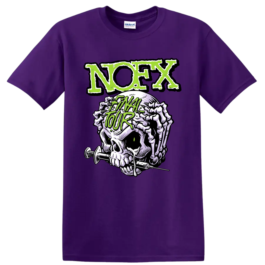 NOFX punk rock skull graphic with distressed green lettering on a Purple T Shirt