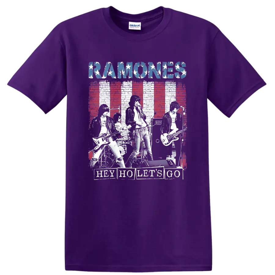 Ramones distressed punk rock graphic with stars, musicians, and striped backdrop on a Purple T Shirt
