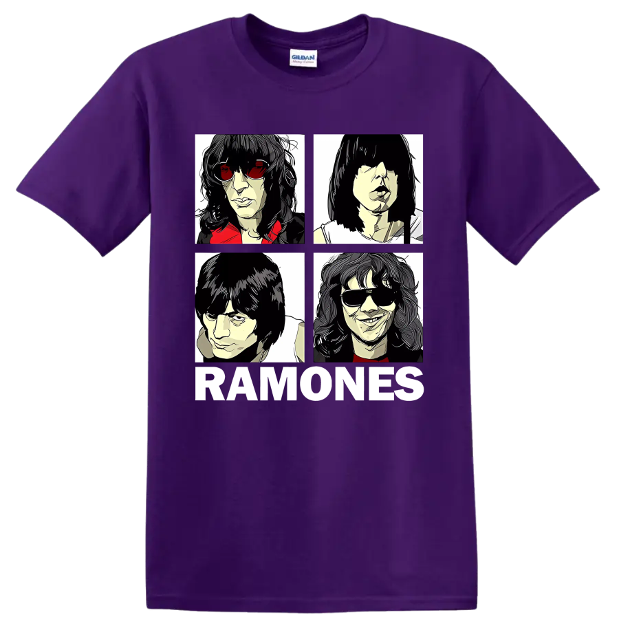 Ramones four-panel punk rock portraits with RAMONES lettering on a Purple T Shirt
