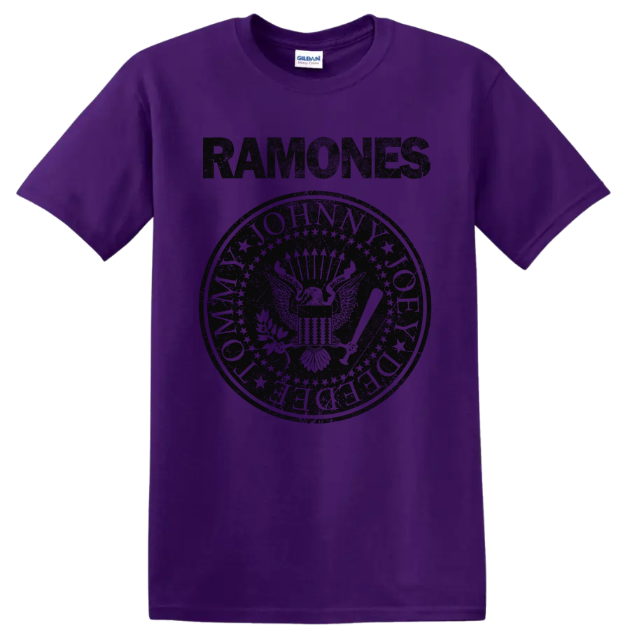 Ramones eagle seal graphic with vintage punk rock lettering on a Purple T Shirt
