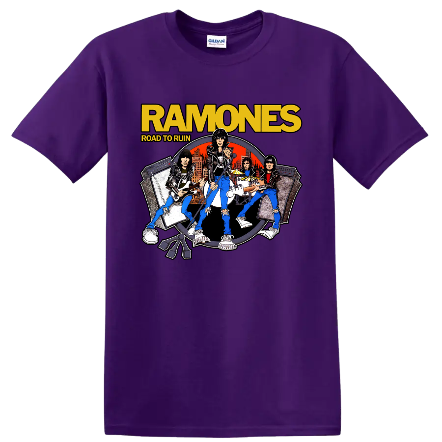 Ramones Road to Ruin illustrated punk rock band graphic print on a Purple T Shirt