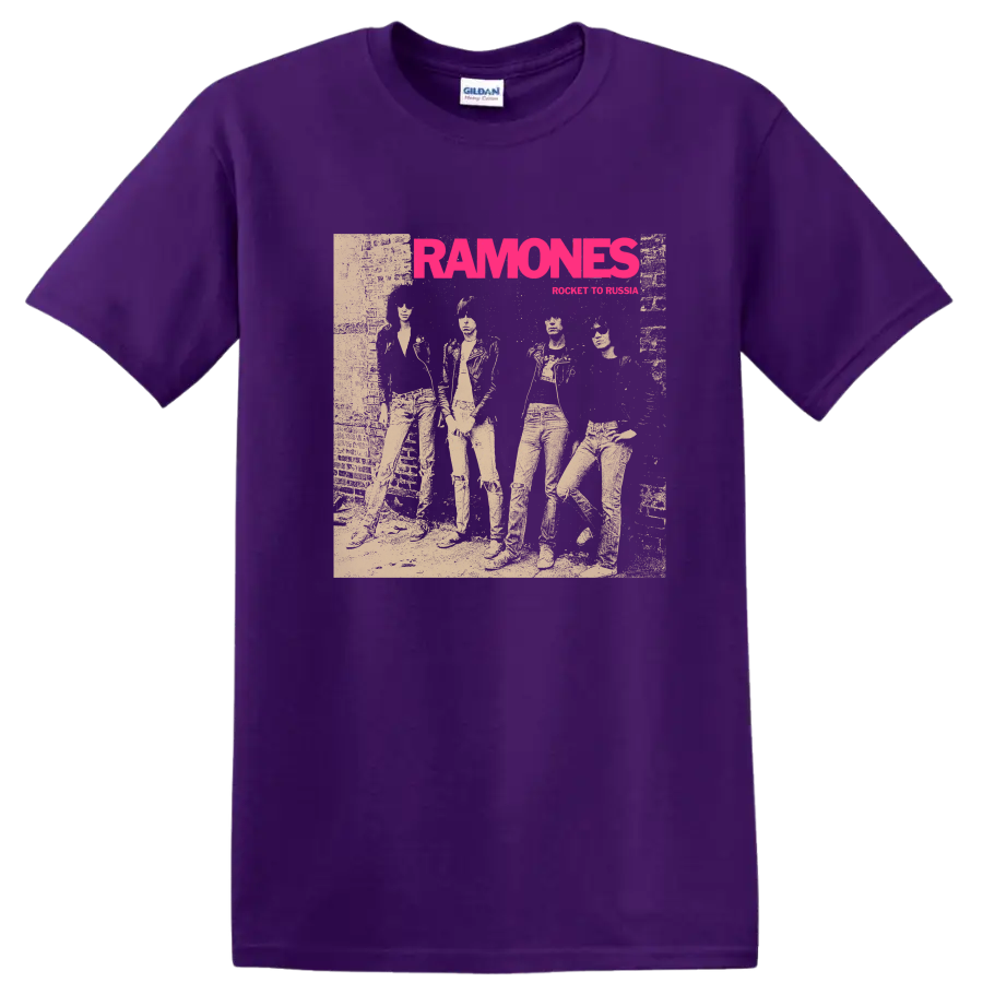 Ramones punk rock band graphic with bold pink lettering and performer collage on a Purple T Shirt