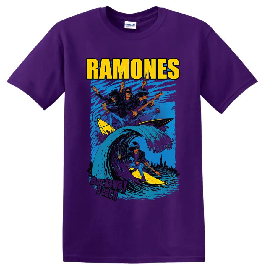 Ramones punk rock band surfing wave graphic with guitars on a Purple T Shirt